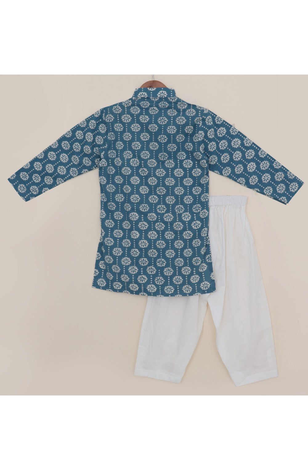 Blue Hand Block Printed Kurta With White Pyjama Set