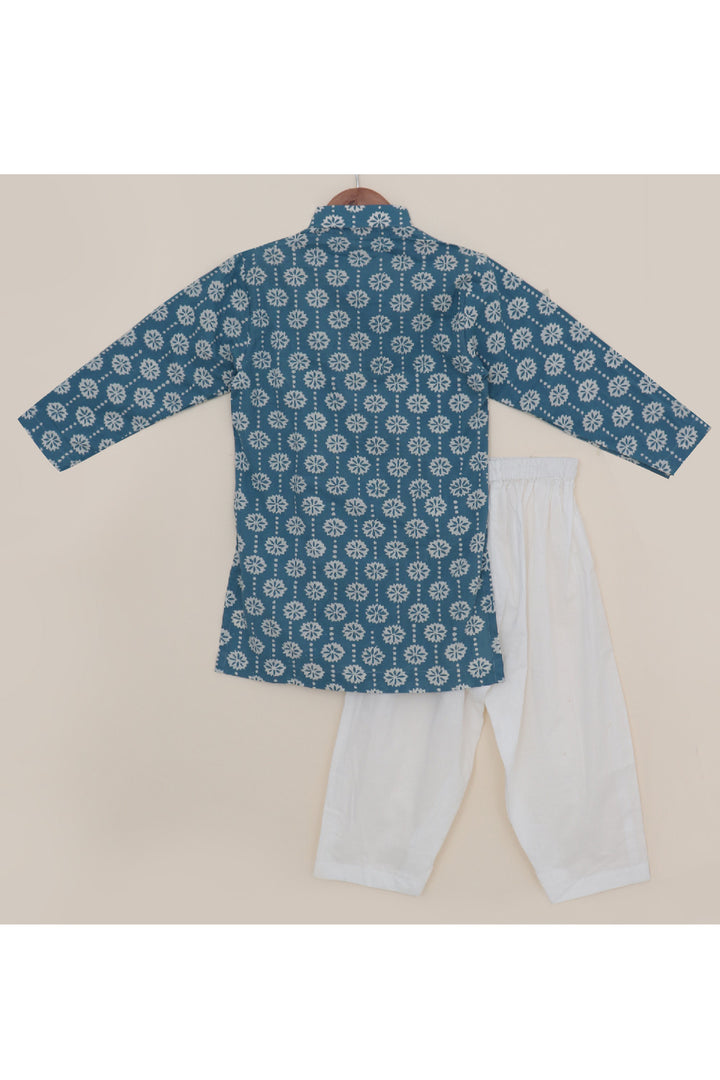 Blue Hand Block Printed Kurta With White Pyjama Set