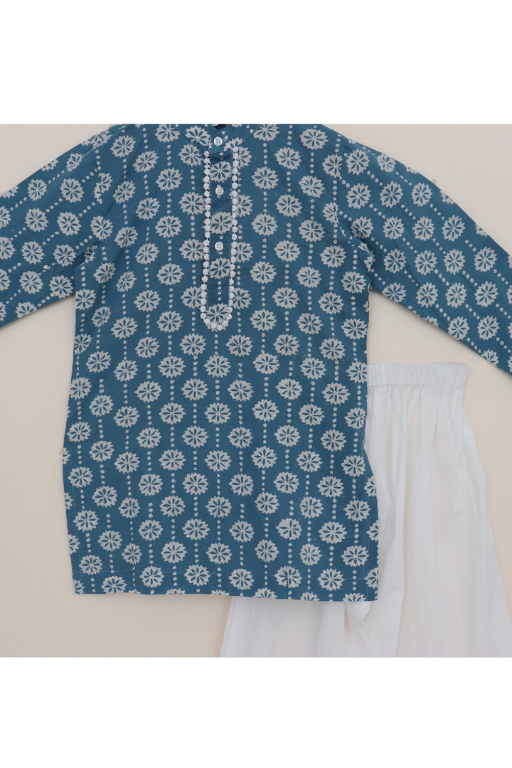 Blue Hand Block Printed Kurta With White Pyjama Set