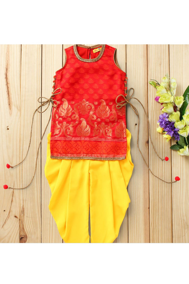 Red Side Tie-Up Brocade Top & Yellow Dhoti Pant Set