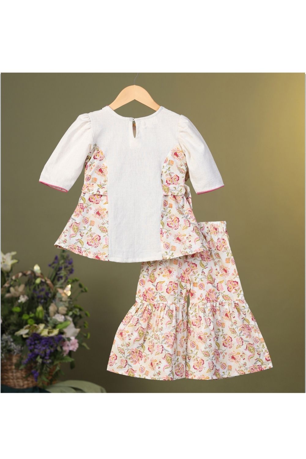 Beige Pink Floral Printed Top With Sharara Set