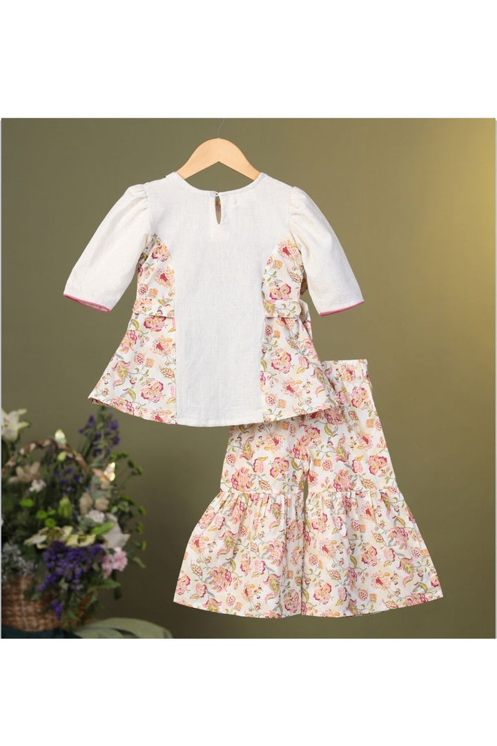 Beige Pink Floral Printed Top With Sharara Set