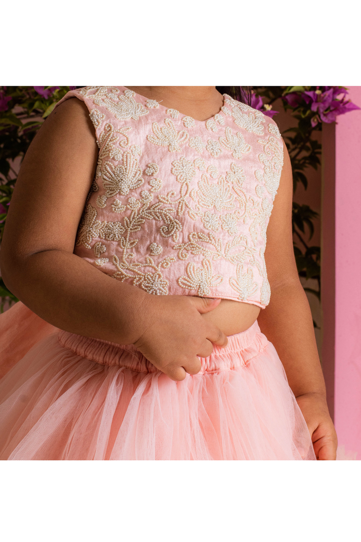Peach Pearl Embroidered Tie-Knot Top With Tiered Lehenga Set