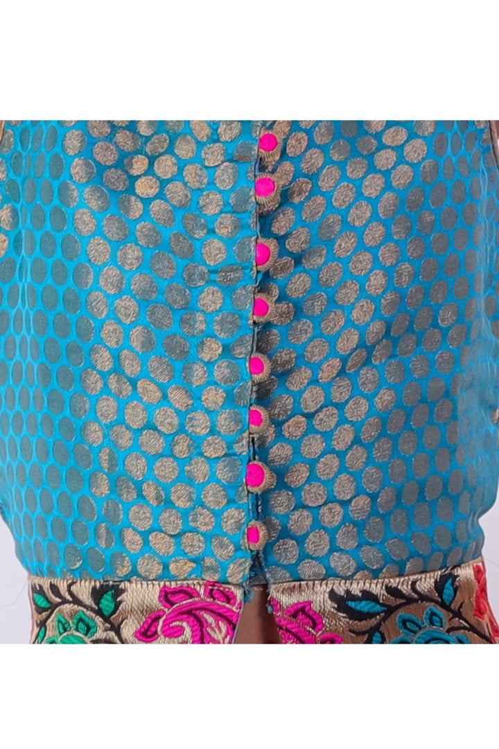 Turquoise Brocade Top & Foil Printed Pink Dhoti Pant Set