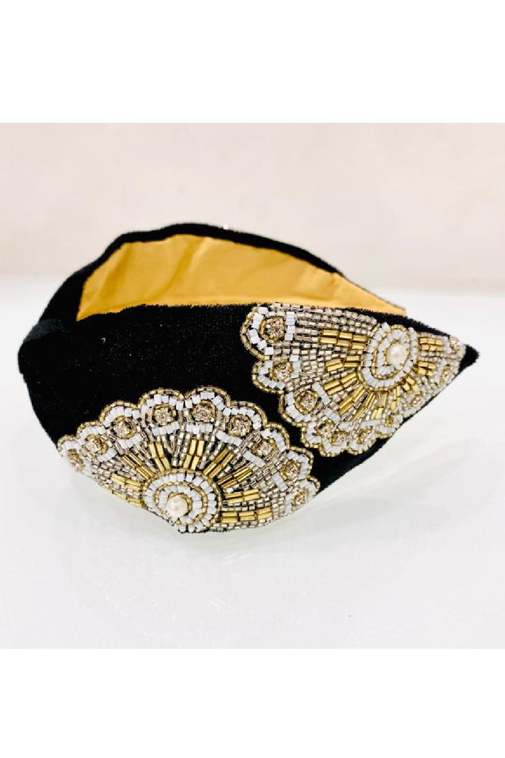 Black Stone And Bead Flower Embroidered Hairband