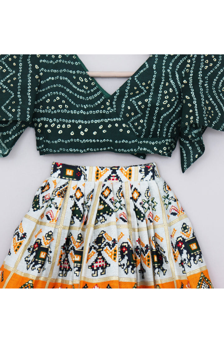 Bottle Green Bandhani Printed Top With Patola Printed Lehenga Set