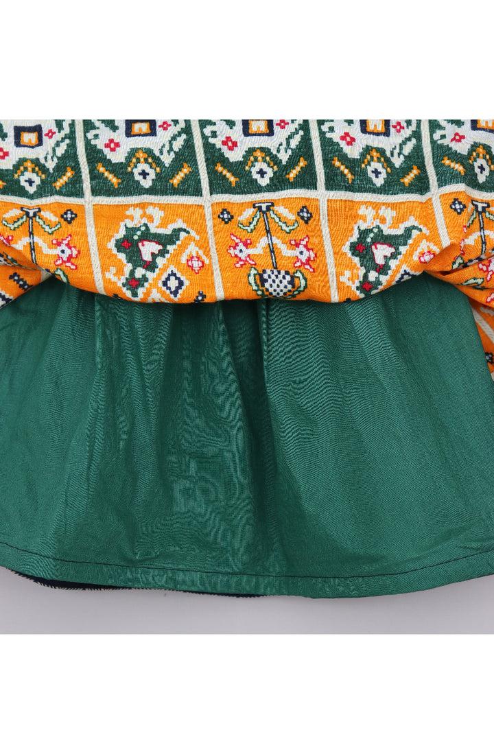 Bottle Green Bandhani Printed Top With Patola Printed Lehenga Set
