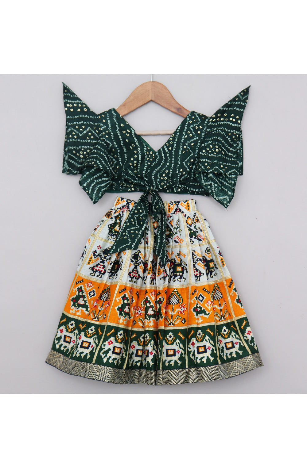 Bottle Green Bandhani Printed Top With Patola Printed Lehenga Set