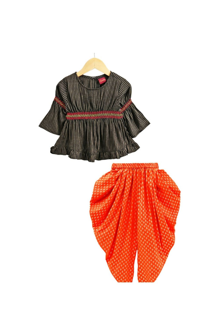 Black Rayon Stripe Peplum Top & Orange Foil Printed Dhoti Pant Set