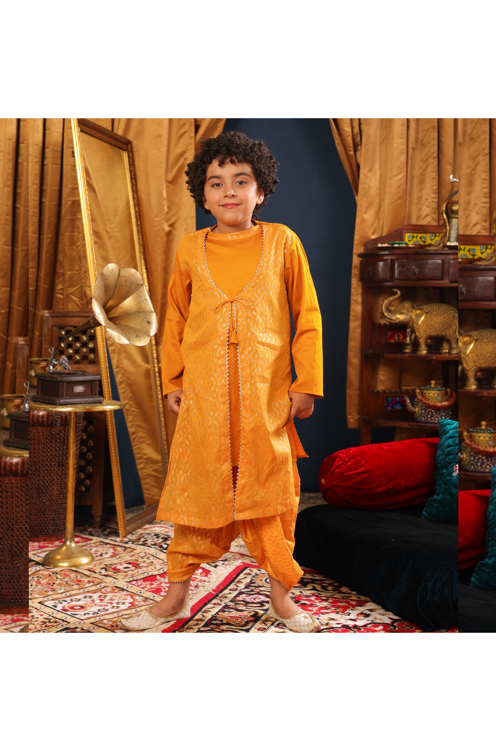 Mustard Yellow Kurta With Attached Jacket And Printed Dhoti Set
