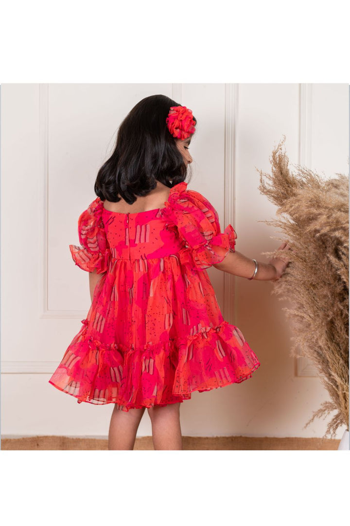 Orange Pink Organza Frill Dress