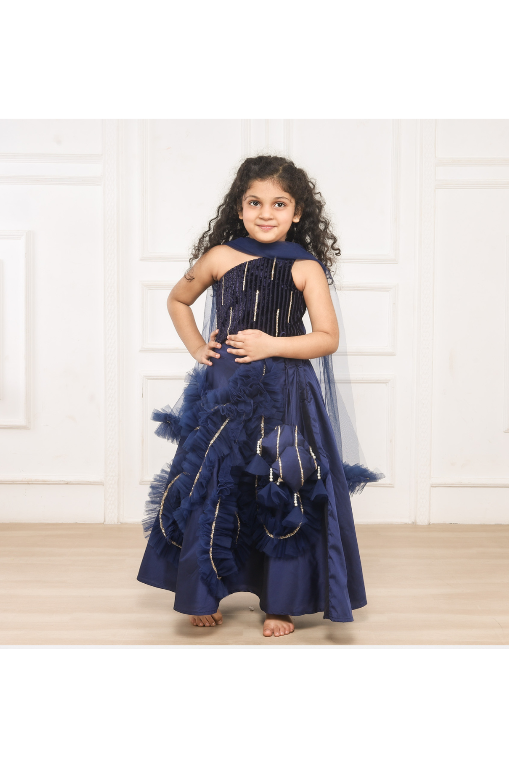Blue With Golden Lace Detailing Velvet One Shoulder Top With Frill Lehenga Set