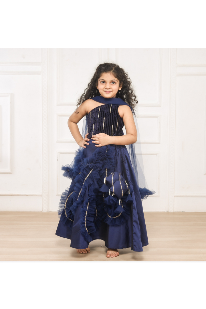 Blue With Golden Lace Detailing Velvet One Shoulder Top With Frill Lehenga Set