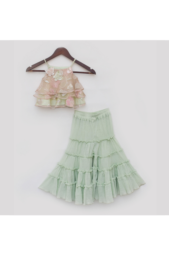 Peach Butterfly Embroidered Ruffled Top With Sharara Set