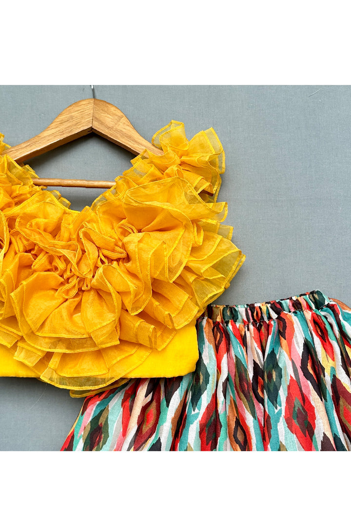 Ruffle Layered Sleeveless Top With Floral Printed Lehenga Set