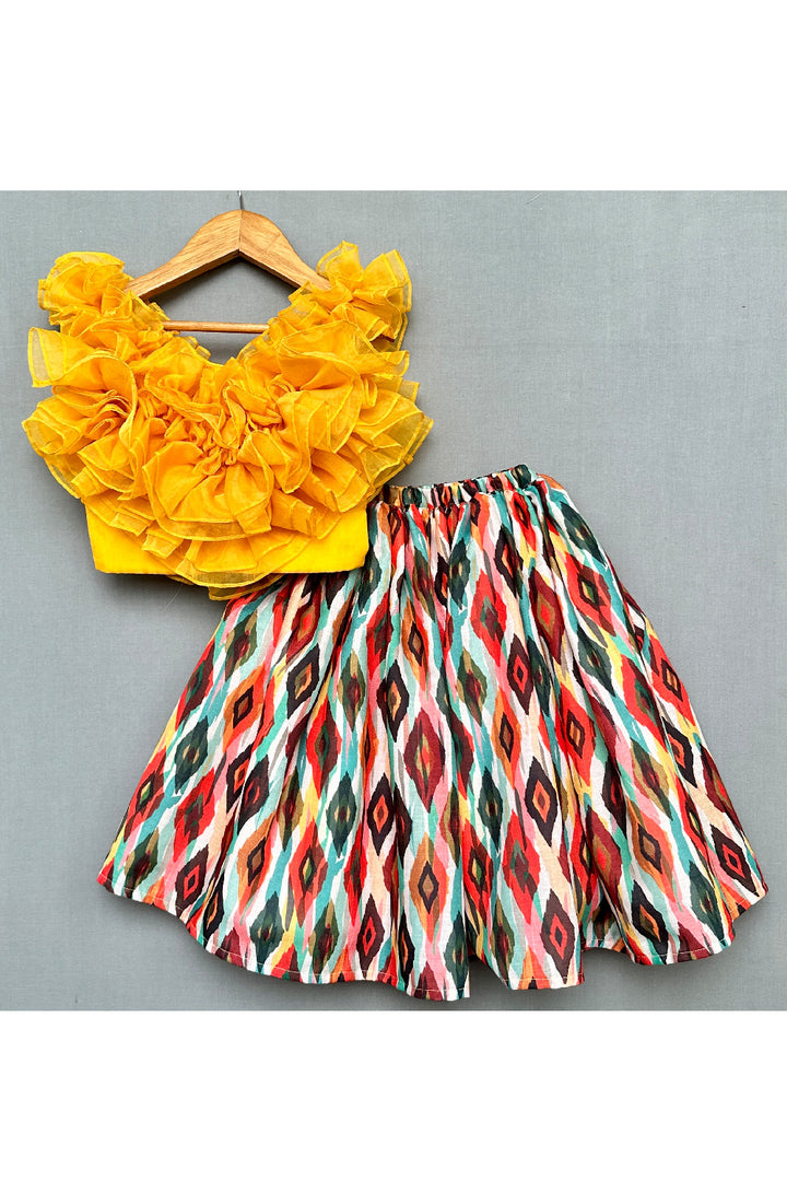 Ruffle Layered Sleeveless Top With Floral Printed Lehenga Set