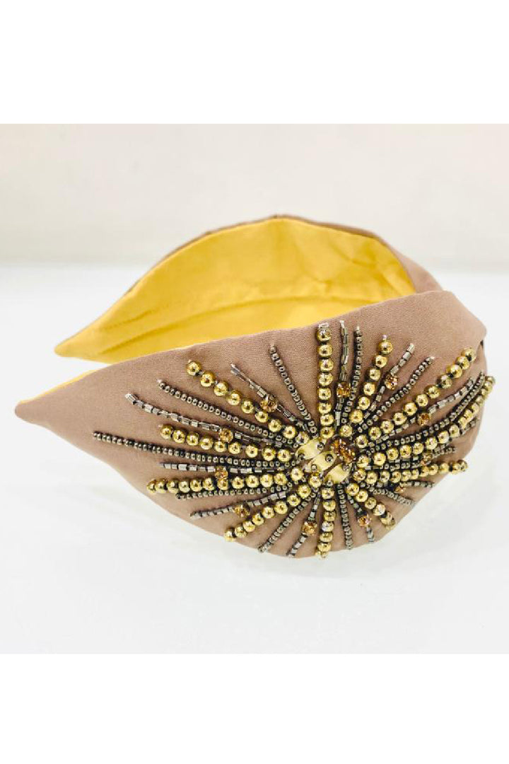 Beige Stone And Bead Embroidered Hairband