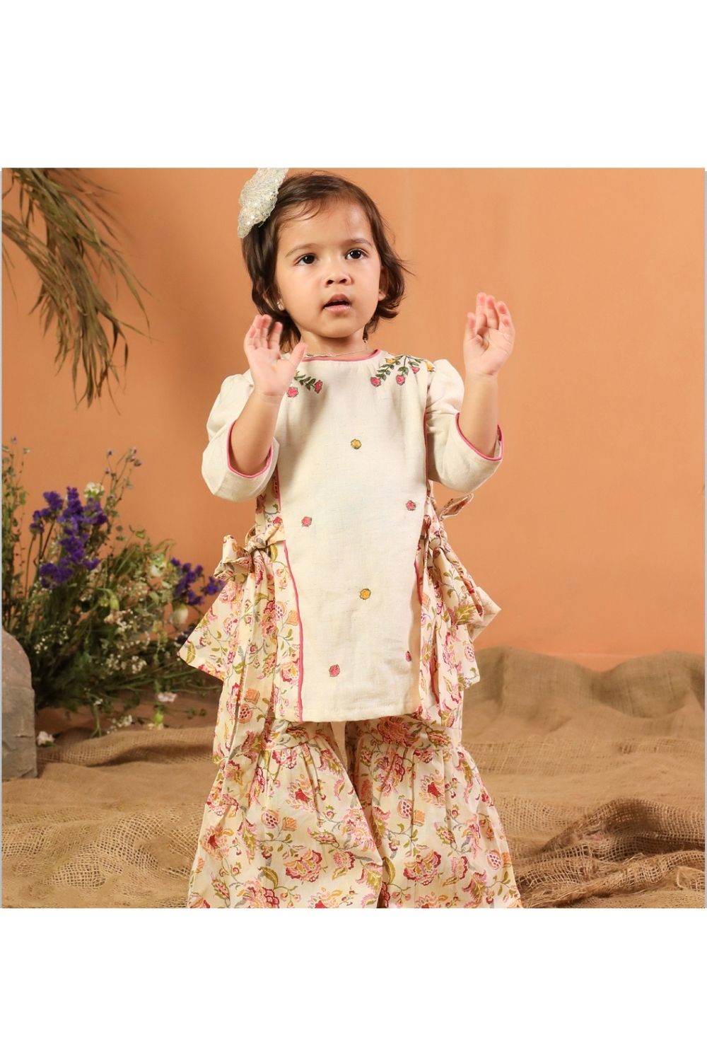 Beige Pink Floral Printed Top With Sharara Set