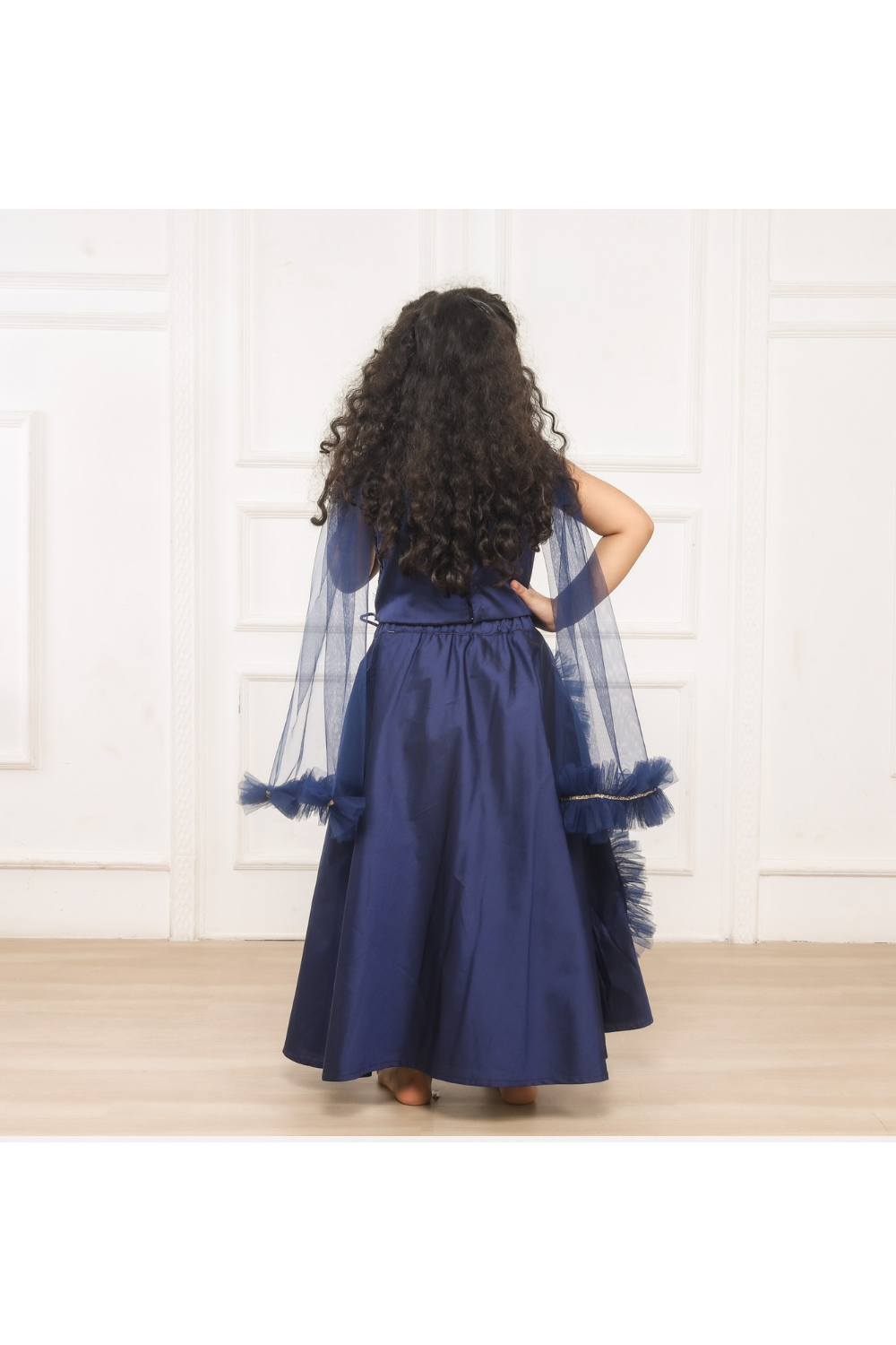Blue With Golden Lace Detailing Velvet One Shoulder Top With Frill Lehenga Set