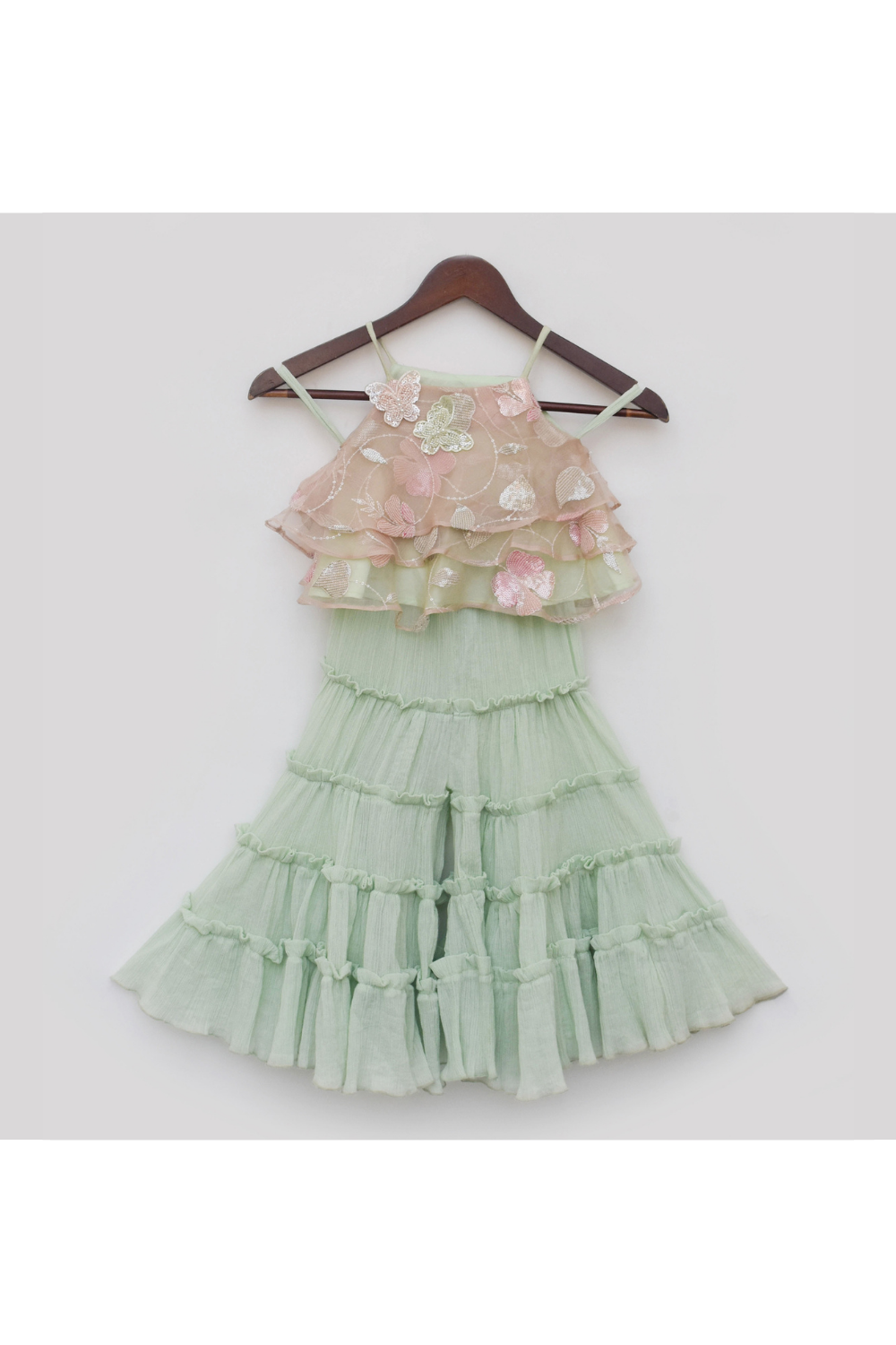 Peach Butterfly Embroidered Ruffled Top With Sharara Set