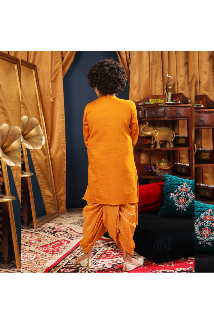 Mustard Yellow Kurta With Attached Jacket And Printed Dhoti Set