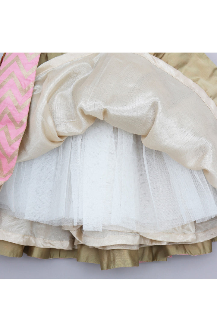 Pink And Golden Zigzag Printed Top With Lehenga Set