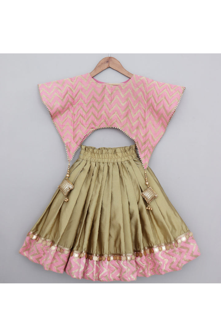 Pink And Golden Zigzag Printed Top With Lehenga Set
