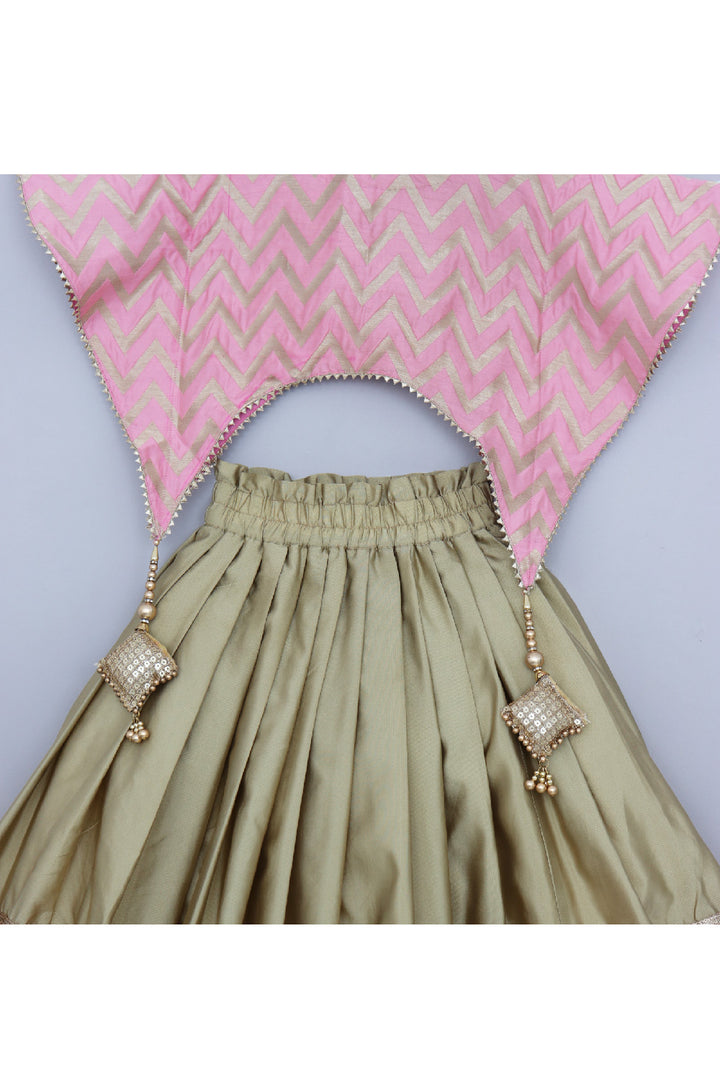 Pink And Golden Zigzag Printed Top With Lehenga Set