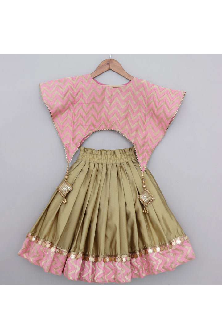 Pink And Golden Zigzag Printed Top With Lehenga Set