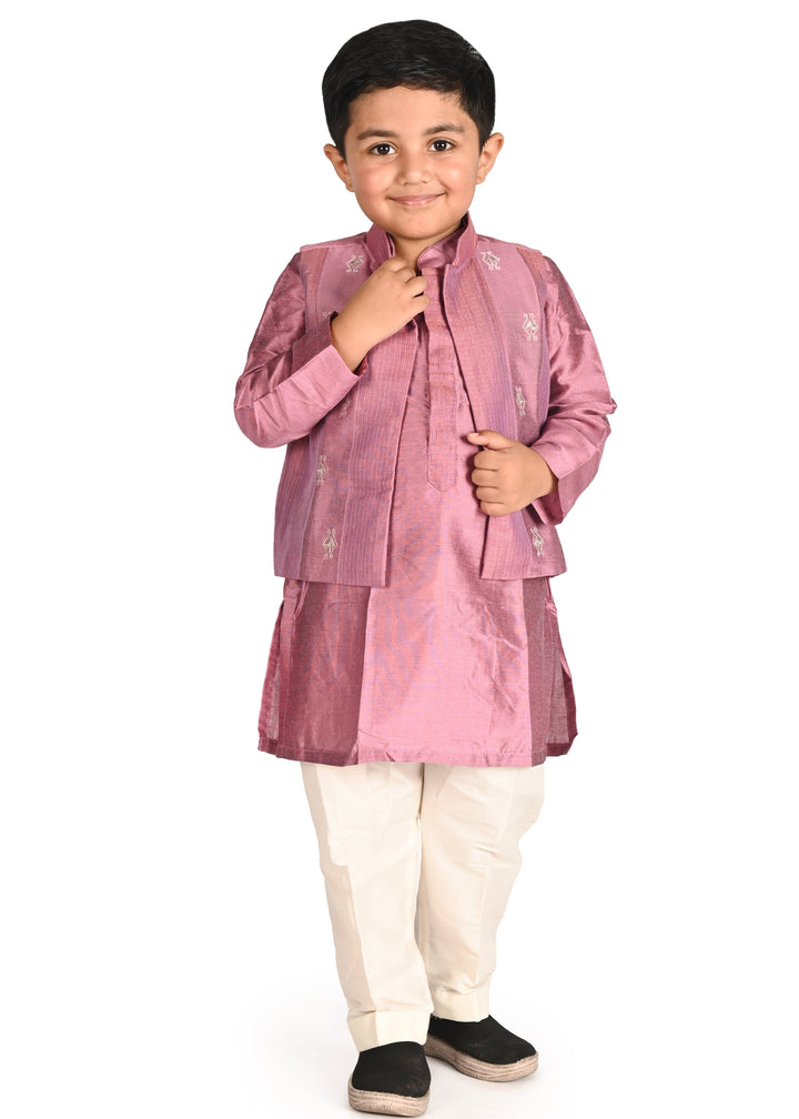 Purple Cotton Silk Kota Kurta With Jacket Pyjama Set