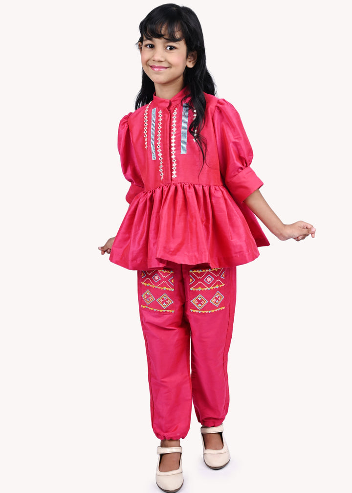 Fushia pink Cotton silk Peplum Top and Afghani Salwar Set