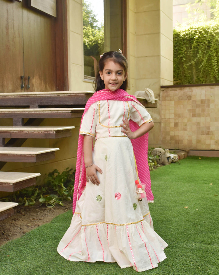 Off white Embroidered Crop Top & Skirt With Dupatta Set