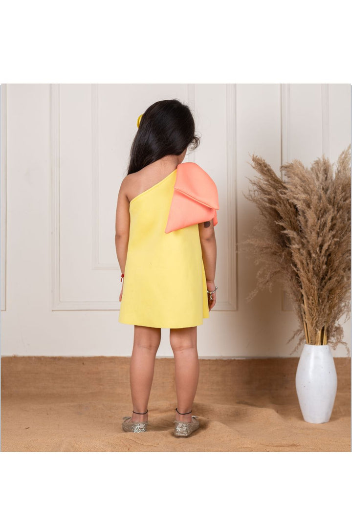 Peach Yellow One Shoulder Bow Dress