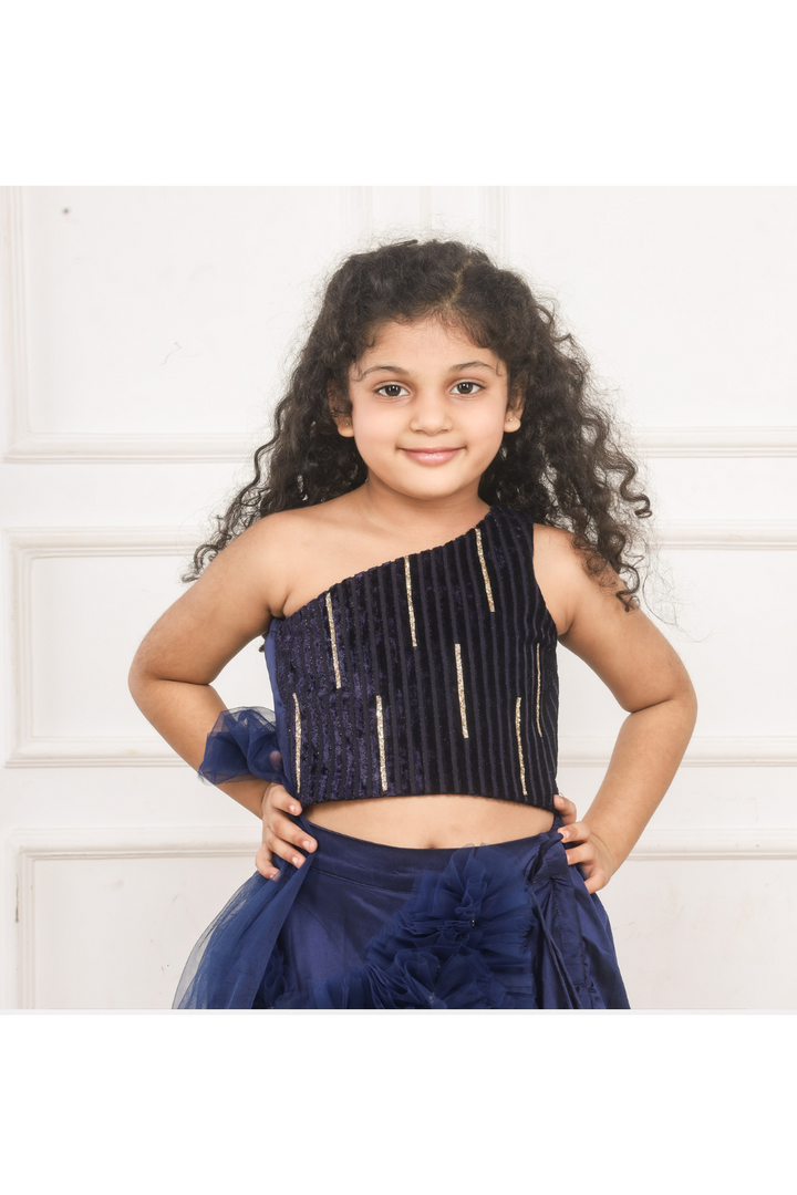Blue With Golden Lace Detailing Velvet One Shoulder Top With Frill Lehenga Set