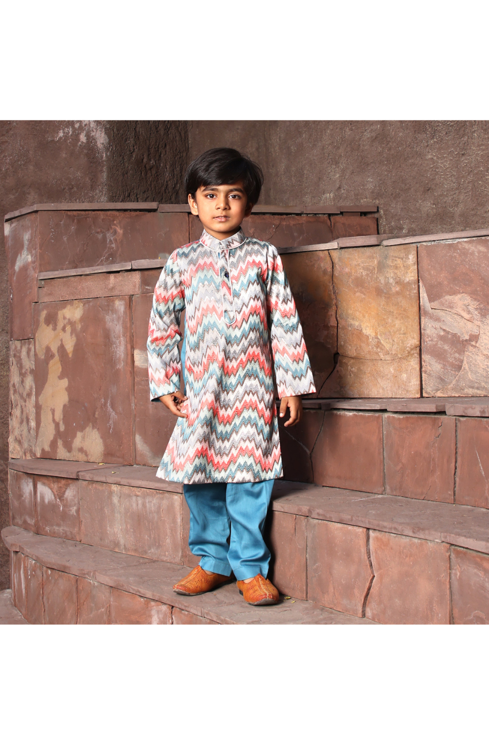 Blue Zig Zag Printed Dupion Kurta With Pant Set