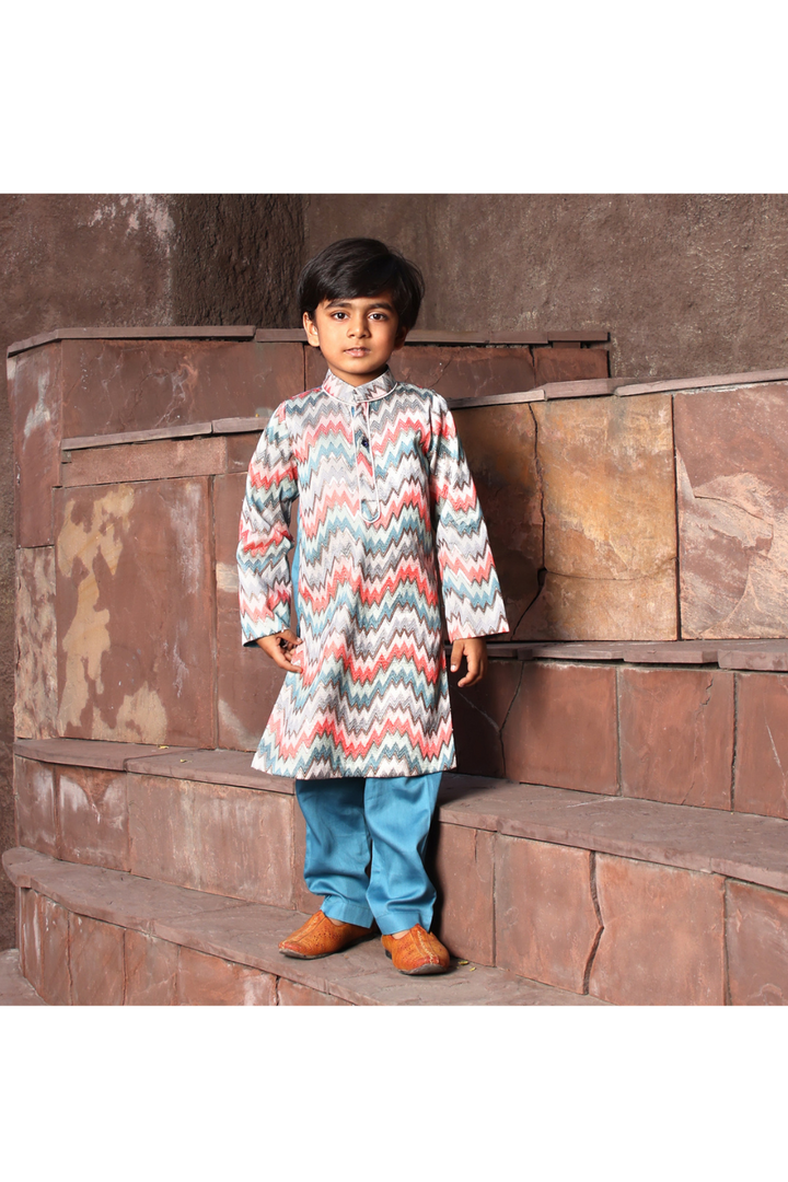 Blue Zig Zag Printed Dupion Kurta With Pant Set