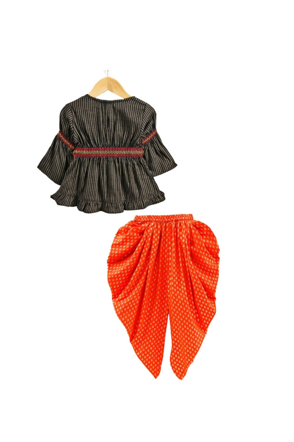 Black Rayon Stripe Peplum Top & Orange Foil Printed Dhoti Pant Set
