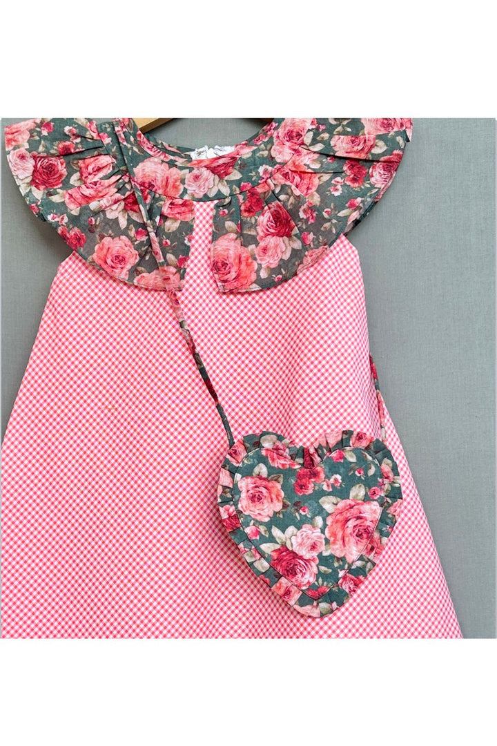 Pink Gingham checks & Floral Dress with Bag
