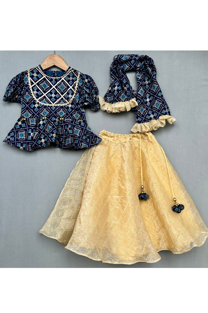 Dark Blue Patola Printed And Lace Detailing Cotton Peplum Style Top With Lehenga Set