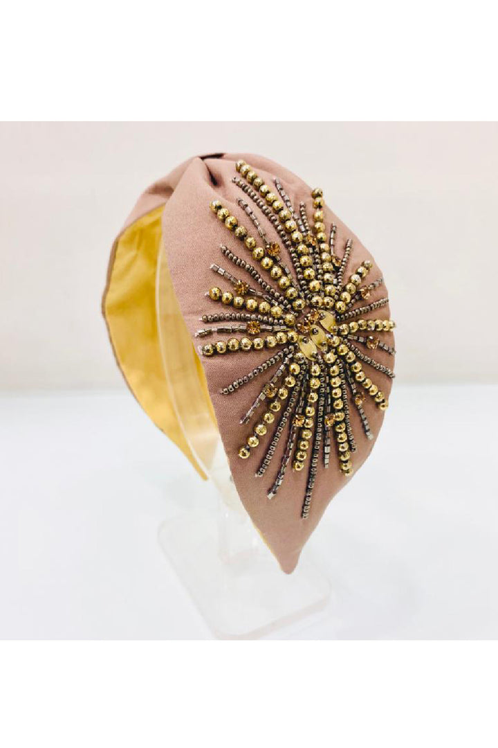 Beige Stone And Bead Embroidered Hairband