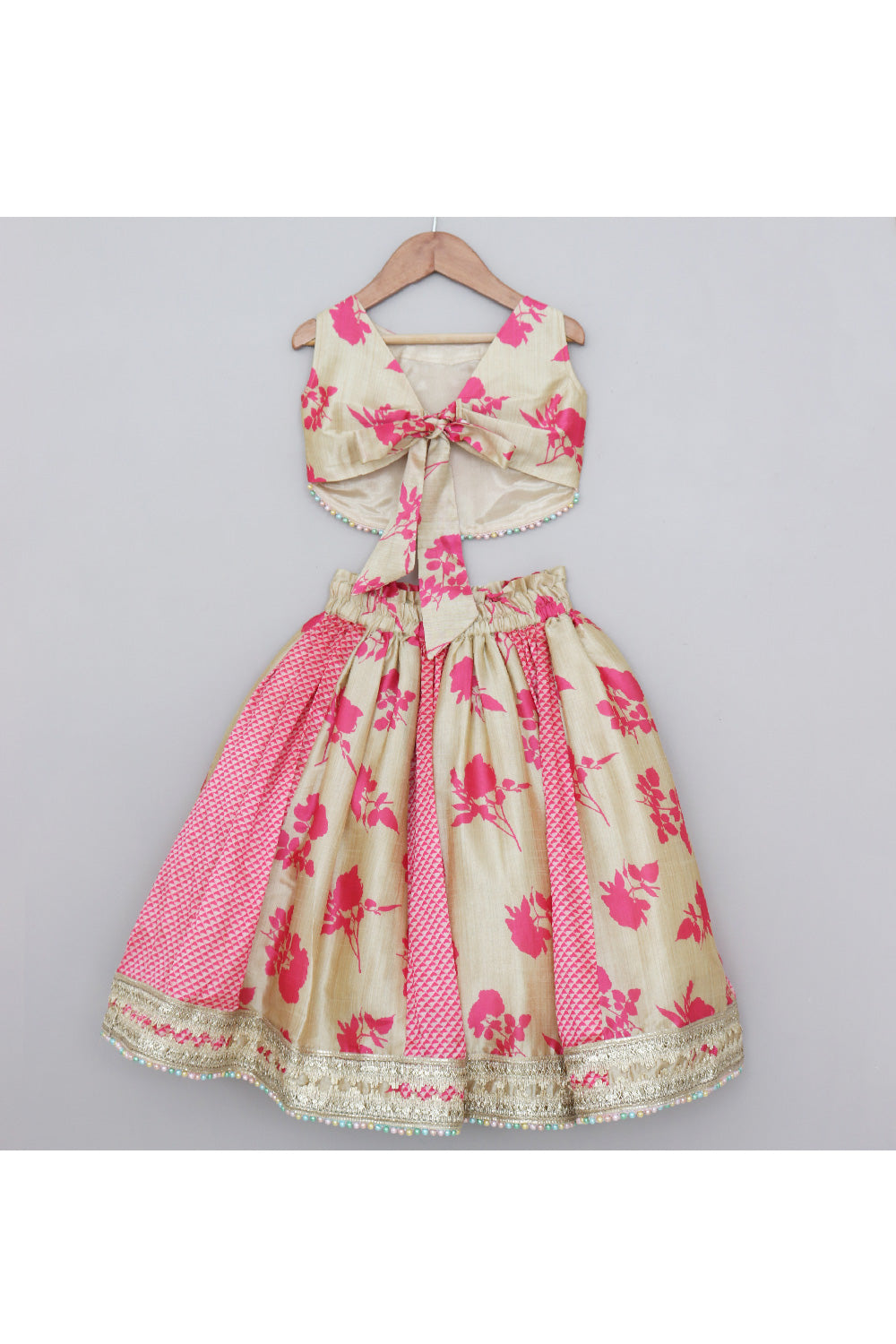Golden And Pink Floral Printed Top With Lace Detailing Lehenga Set