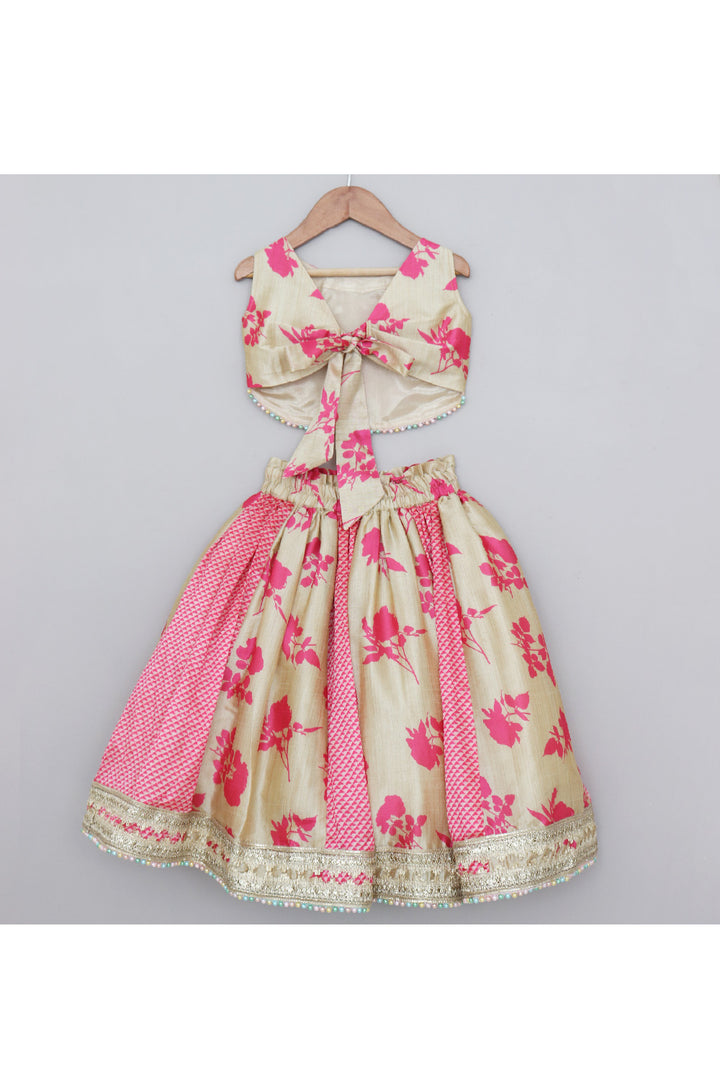 Golden And Pink Floral Printed Top With Lace Detailing Lehenga Set