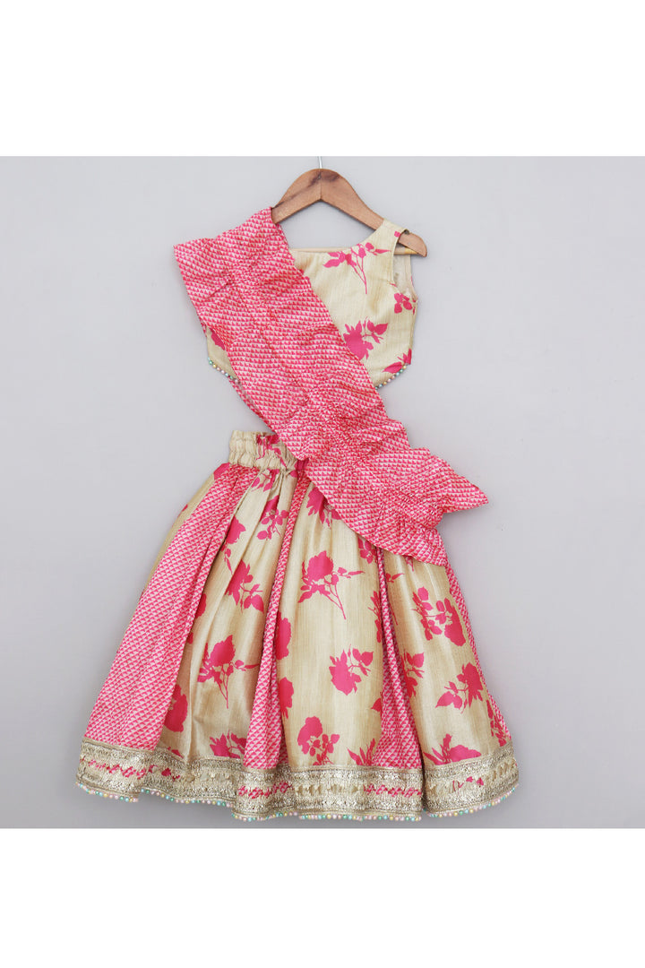 Golden And Pink Floral Printed Top With Lace Detailing Lehenga Set