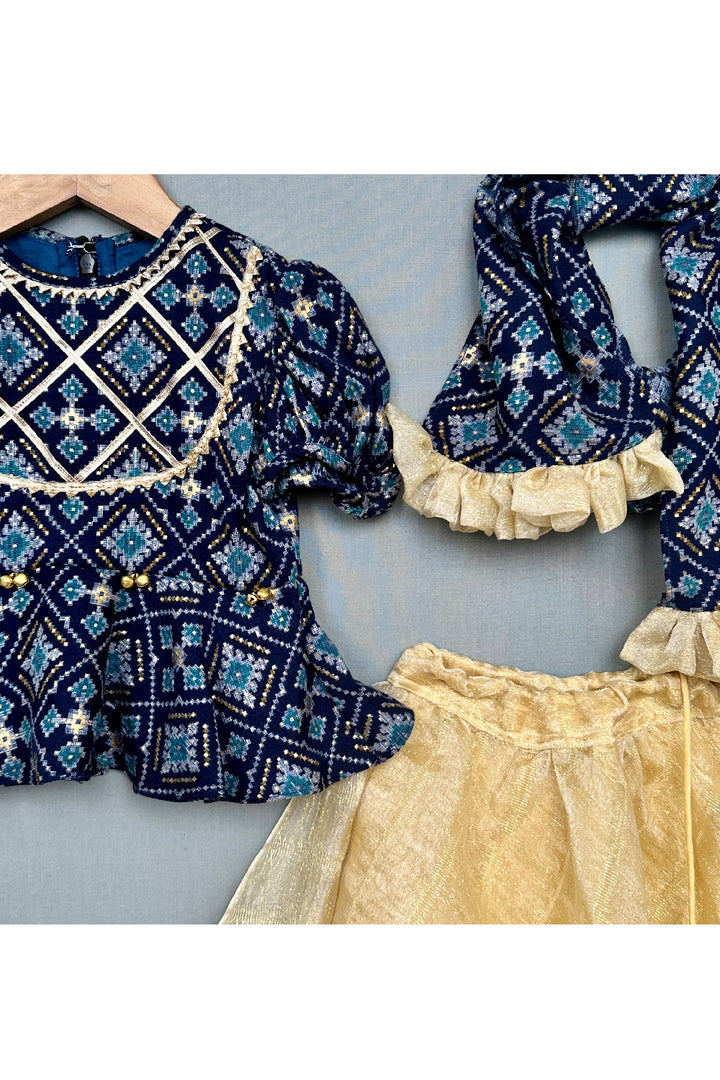 Dark Blue Patola Printed And Lace Detailing Cotton Peplum Style Top With Lehenga Set