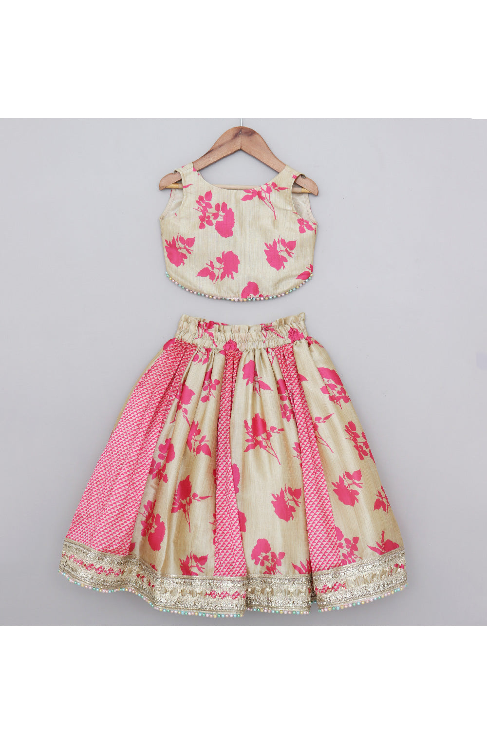 Golden And Pink Floral Printed Top With Lace Detailing Lehenga Set