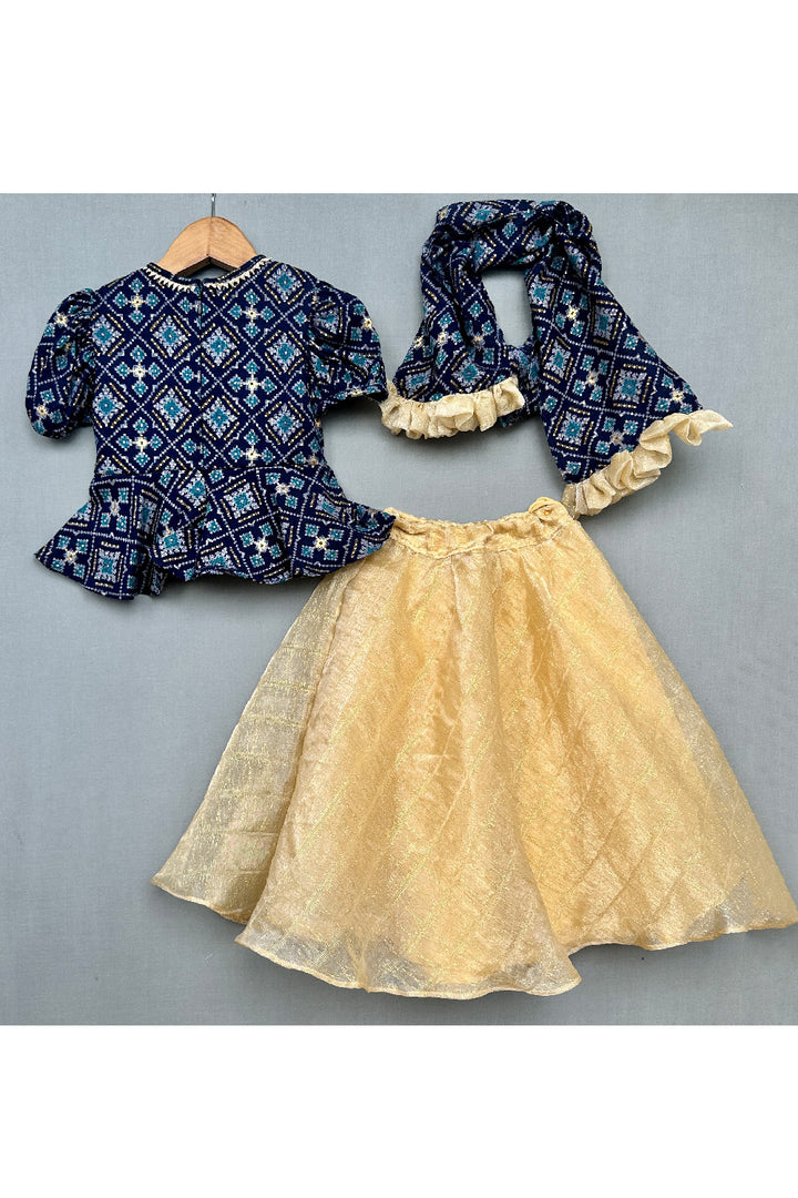 Dark Blue Patola Printed And Lace Detailing Cotton Peplum Style Top With Lehenga Set