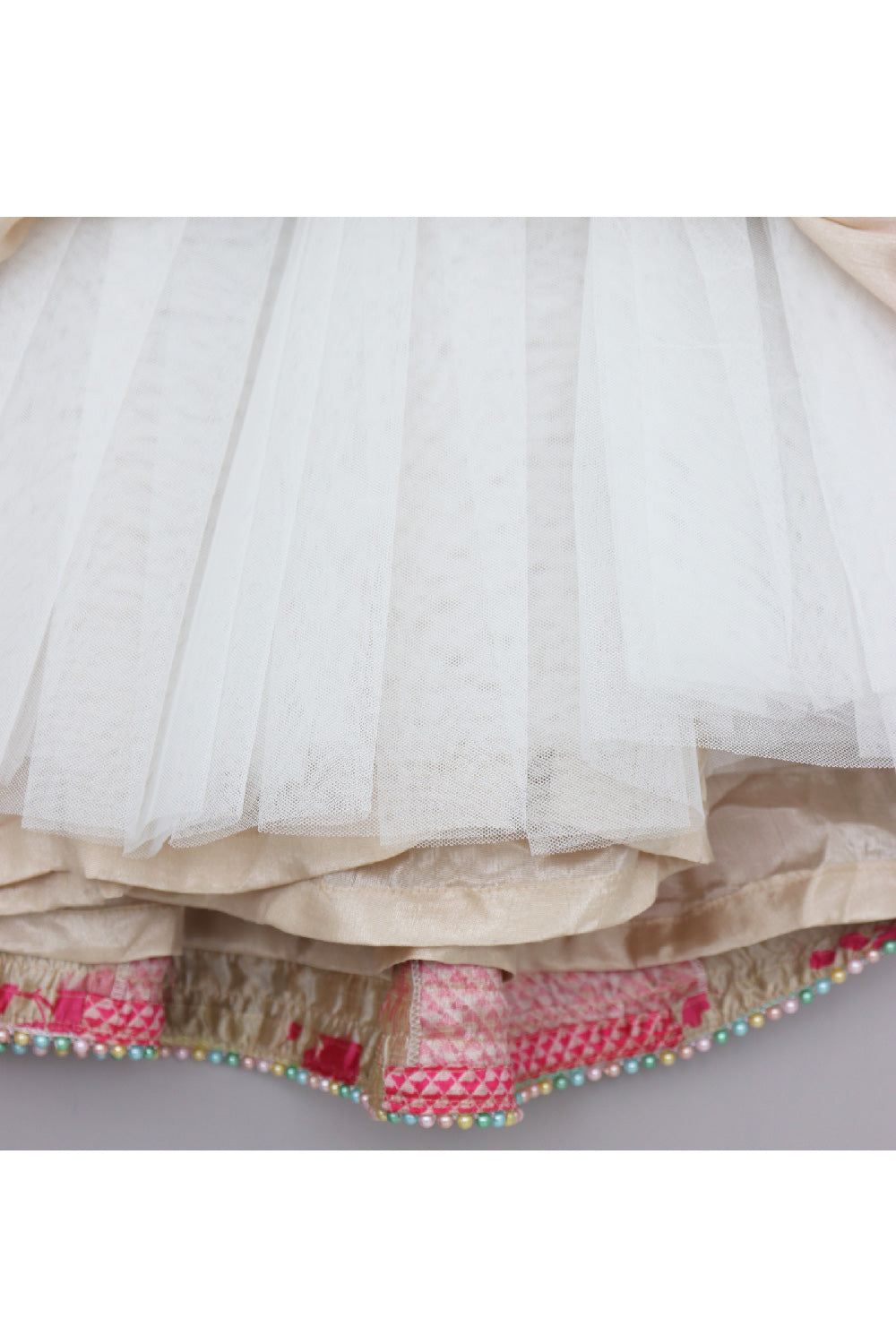 Golden And Pink Floral Printed Top With Lace Detailing Lehenga Set