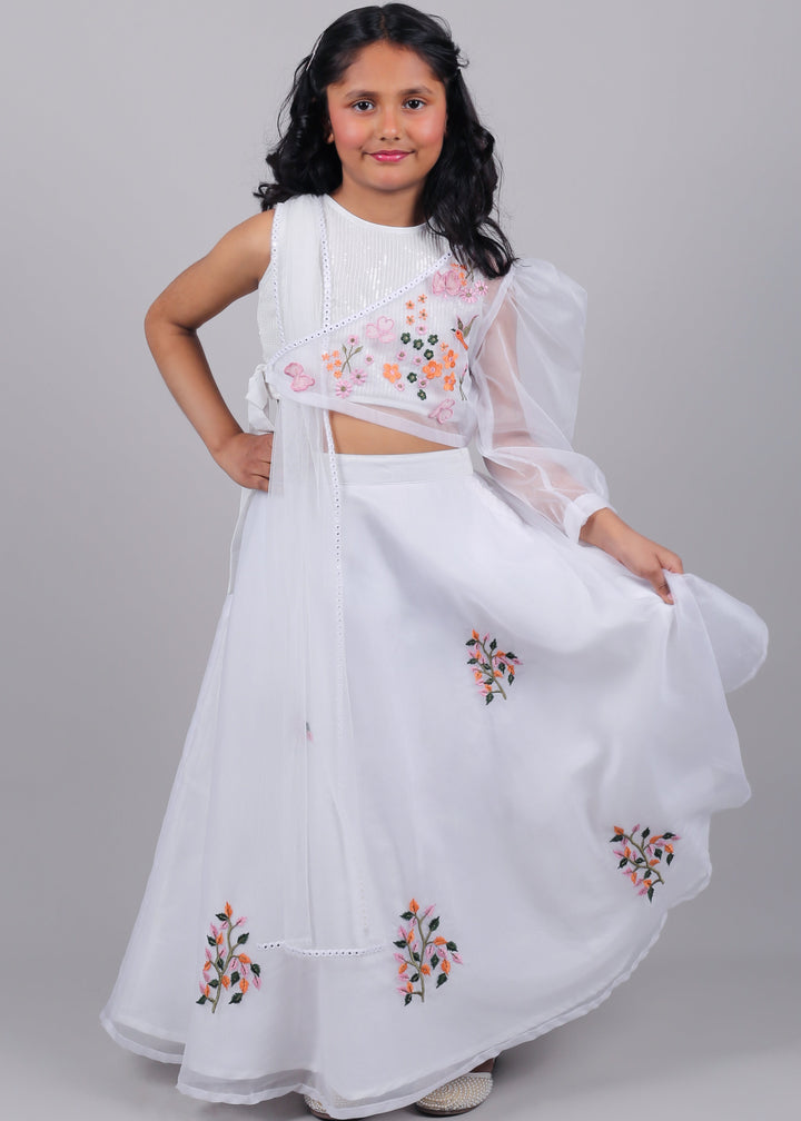 Off White Organza shimmer Top With Lehenga And Net Dupatta Set