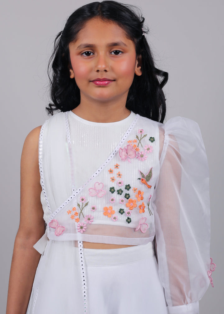 Off White Organza shimmer Top With Lehenga And Net Dupatta Set