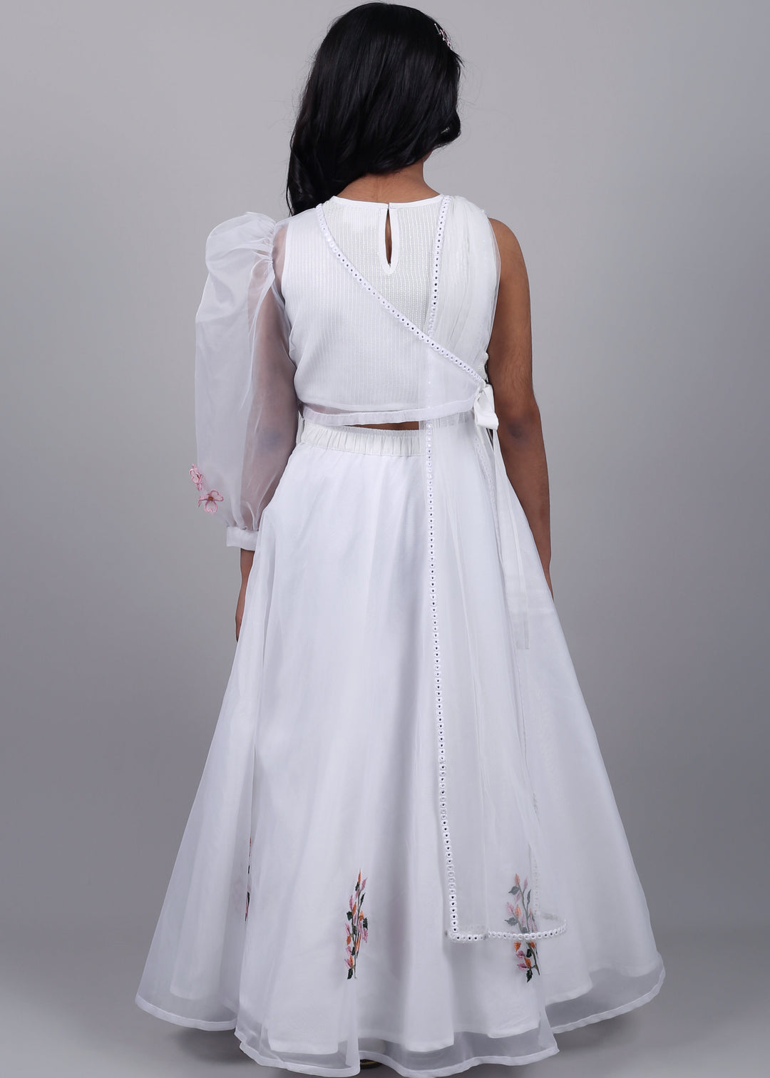 Off White Organza shimmer Top With Lehenga And Net Dupatta Set
